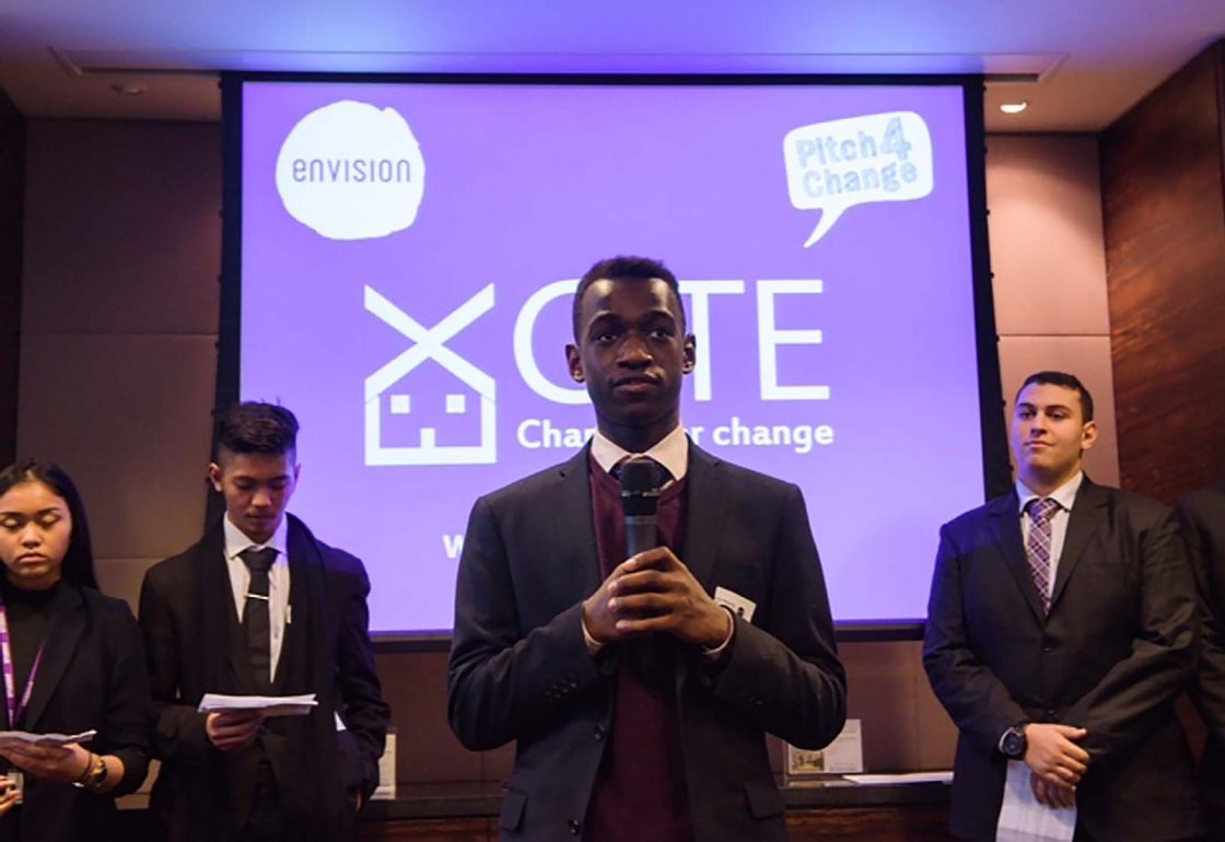 An image of a young people at a presentation representing the Envision Community Apprenticeship Programme, a charity supported by the Ellis Campbell Foundation, helping disadvantaged young people in Hampshire, London and Perthshire