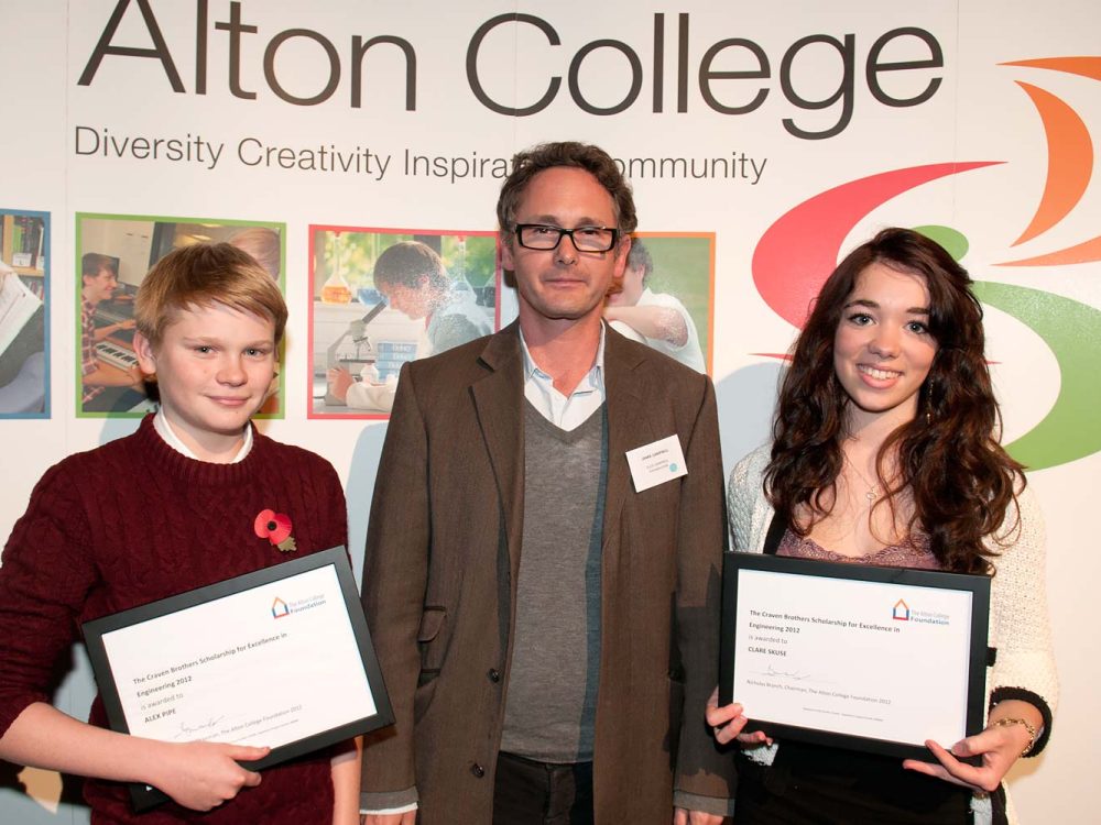 An image of Jamie Campbell presenting two scholars from Alton College with the Craven Brothers Scholarships Alex Pipe and Clara Skuse - An Ellis Campbell Foundation charitable grant in Hampshire