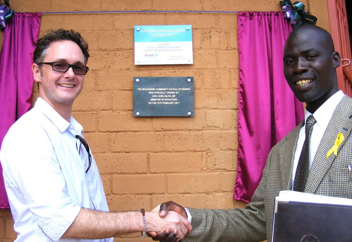 An image of Jamie Campbell at the official opening ceremony of the Makangwe Community School, a build It International project supported by the Ellis Campbell Foundation, helping disadvantaged young people in Hampshire, London and Perthshire