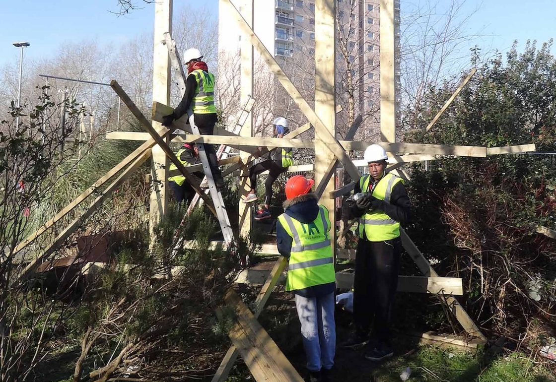 An image of a group of people with hard hats on representing a grant made to the Risk Agency project, supported by the Ellis Campbell Foundation grant helping disadvantaged young people in Hampshire, London and Perthshire