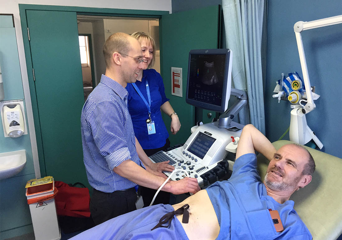 A colour photo of Staff using an ultrasound raised through donations for the North Hampshire Medical Fund supported by The Ellis Campbell Foundation