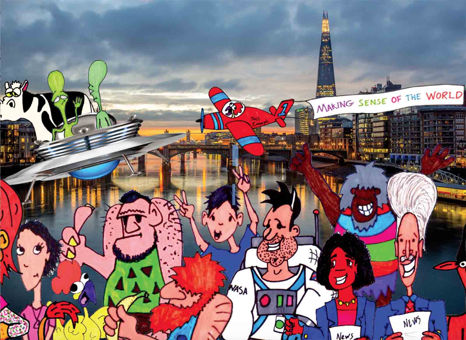 A colour image of the cartoon homepage main image for Just Enough U.K Modern Slavery Awareness charity supported by the Ellis Campbell Foundation.