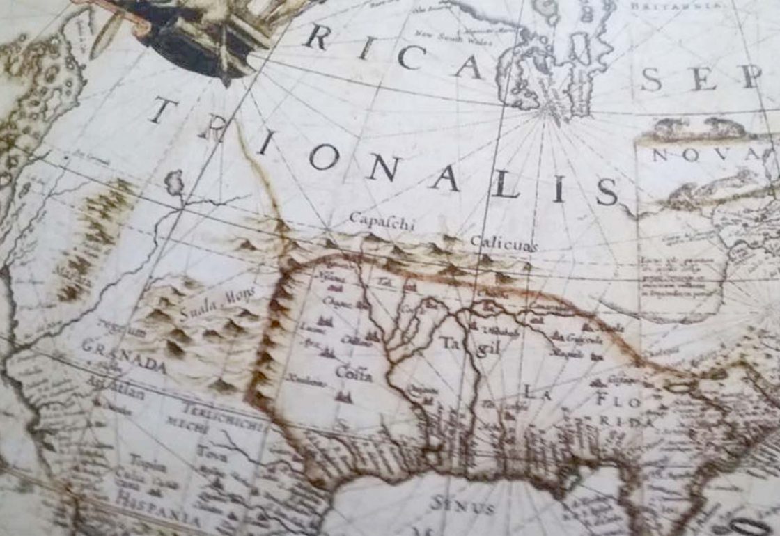 A colour image of a map on a Blaeu Globe being renovation by Winchester Cathedral. A conservation project supported by The Ellis Campbell Foundation